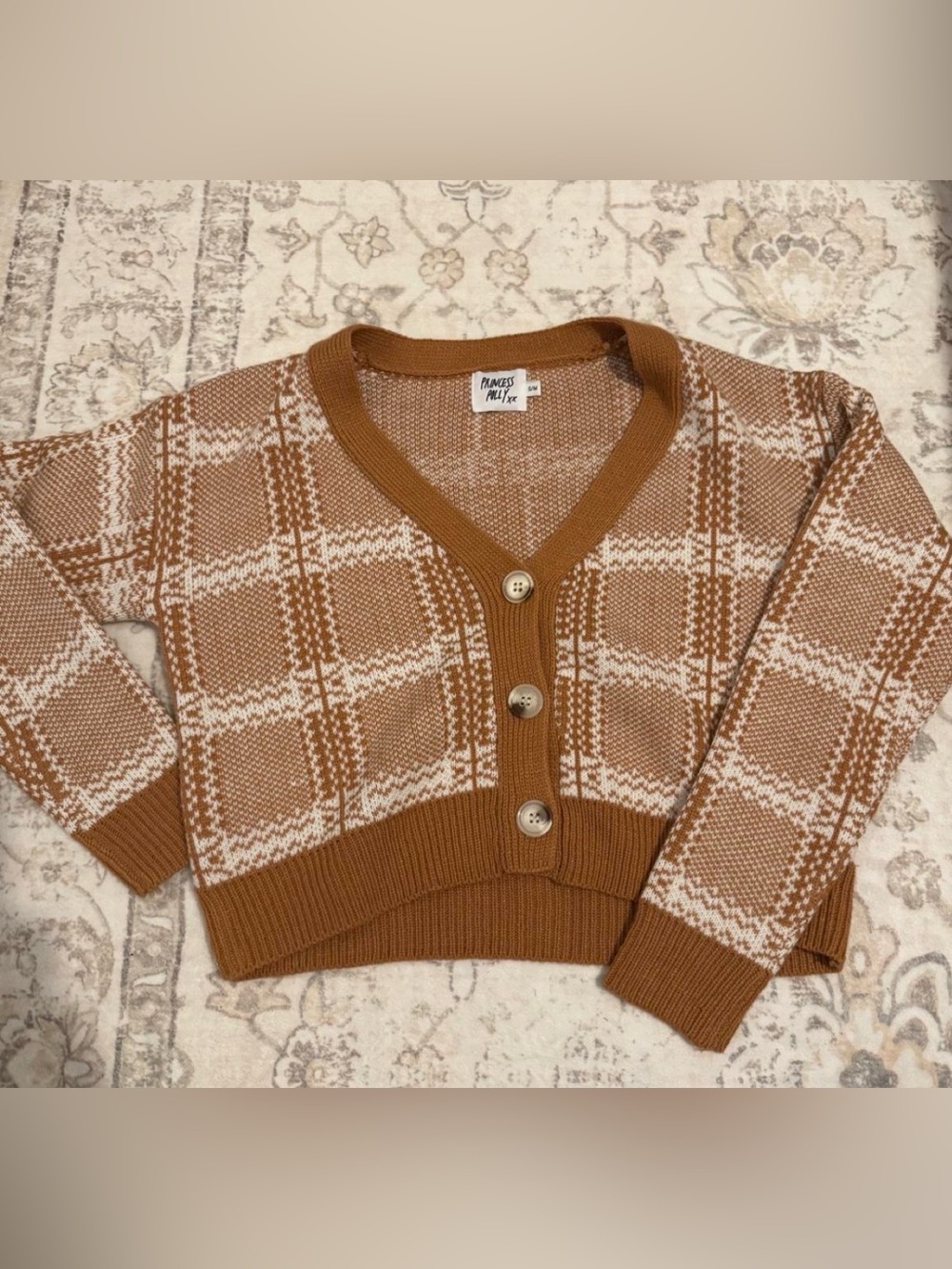 Princess Polly Tan & Cream Plaid Cropped Button Cardigan